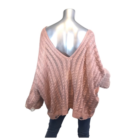 POL Women's Large Oversized Sweater Double V Neck Boxy Distressed Detail Pink - Picture 5 of 13
